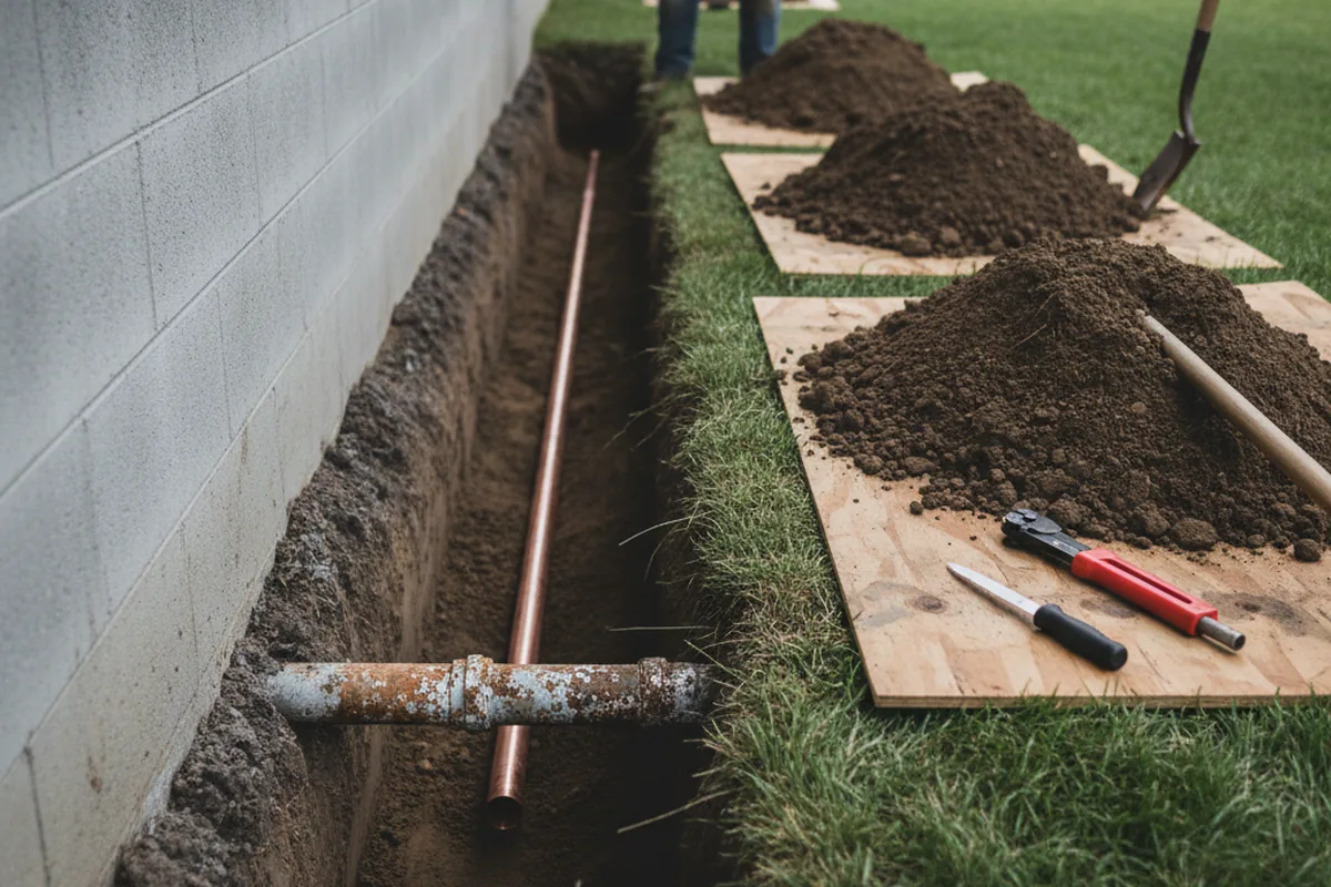 Excavated water line trench during Sewer Line Repair in Richford